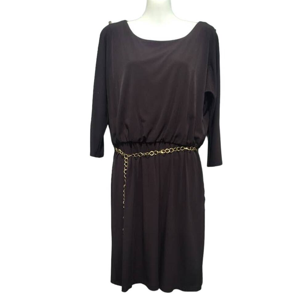 Sandra Darren 3/4 Sleeve Dress with Gold Chain Belt, Brown, Sz‎ 10 NWT